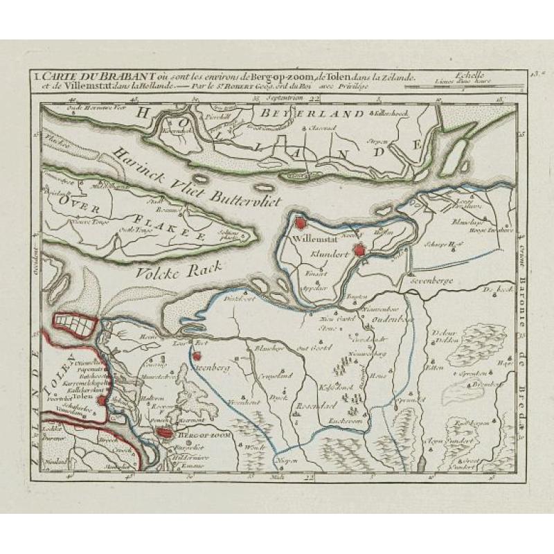 I. Carte du Brabant où sont les environs de Berg-op-zoom, de Tolen dans la Zélande. et de Willemstat dans la Hollande.