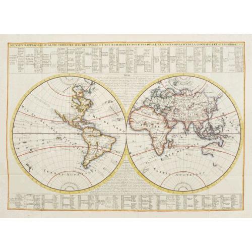 Rare, antique map of Nouvaux Mappemonde ou globe terrestre avec des tables et des ..