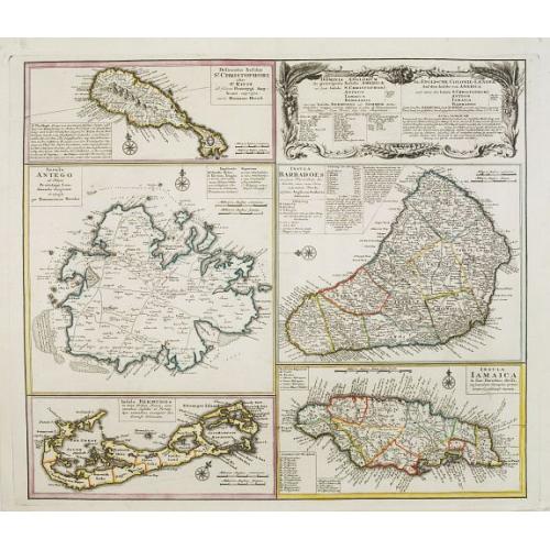 Old map image download for [Five maps on one sheet] Dominia Anglorum in praecipuis Insulis Americae ut sunt Insula S. Christopheri, Antegoa, Iamaica, Barbados nec non Insula Bermudes vel Sommers . . .