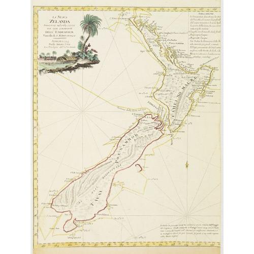 Old map image download for La Nuova Zelanda tracorsa nel 1769 e 1770 dal Cook commandante dell' Endeavour Vascello di S.M.Britannica.