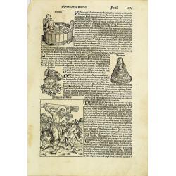 [Text page with two Crucufixion scenes and an array of Kings and known Roman personalities, folio CV ].