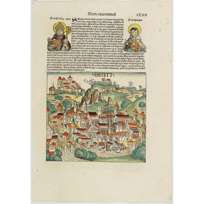[Text page with Saints, and a view of Estett.] Terta Etas Mundi. Foliu. CLXII.
