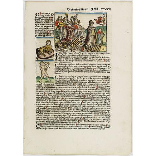 [Text page with male siamese twins, a man headed lion, and a bridge collapsing under a group of dancers at Maastricht, The Netherlands. ] Etas Mundi. Foliu. CCXVII