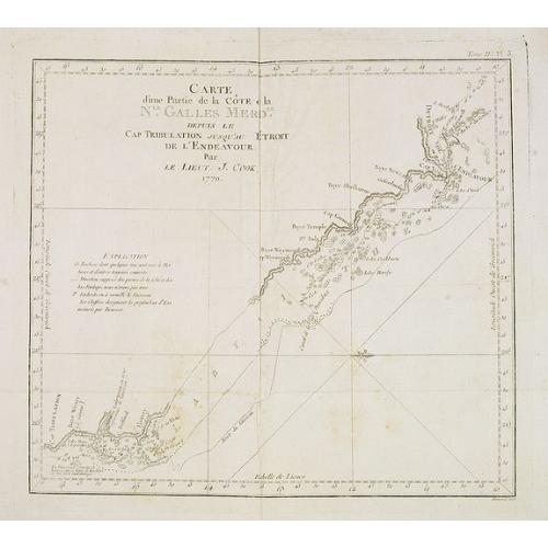 Old map image download for Carte d'une Partie de la Côte, de la Nle Galles Meridle depuis le Cap Tribulation jusqu'au Detroit de l'Endeavour par le Lieut. J. Cook 1770. Tome IV. Pl. 3.