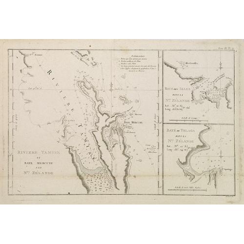 Old map image download for Riviere Tamise et Baye Mercure a la Nle. Zélande / Baye des Isles dans la Nle. Zelande / Baye de Tolaga dans la Nle. Zelande /Tome III Pl. 9.