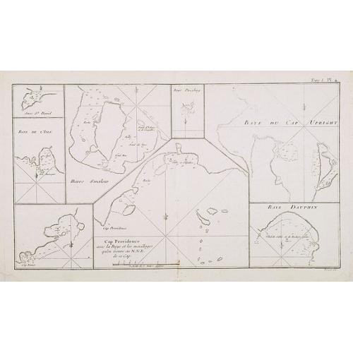 Old map image download for Cap Providence avec la Baye et les mouillages . . . / Anse St. David / Baye de l'Isle / Havre Swallow / Baye Puzzling / Baye du Cap Upright / Baye Dauphina. Tome I Pl. 4.