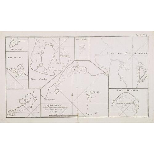 Old map image download for Cap Providence avec la Baye et les mouillages . . . / Anse St. David / Baye de l'Isle / Havre Swallow / Baye Puzzling / Baye du Cap Upright / Baye Dauphina. Tome I Pl. 4.