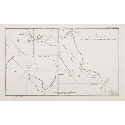 Old map image download for Côte depuis la Baye d'York a la Baye et au Havre des Trois Isles / Baye St. David / Baye d'Elizabeth et la Baye en dessous des Isles. Tome I Pl. 5.