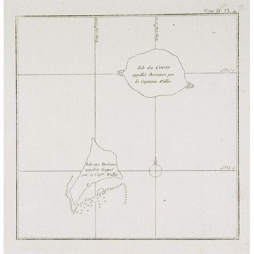 Old map image download for Isles des Cocos appellée Bosscaiven par le Capitaine Wallis / Isles des Traîtres appellée Keppel par le Capitaine Wallis. Tome II Pl. 4.