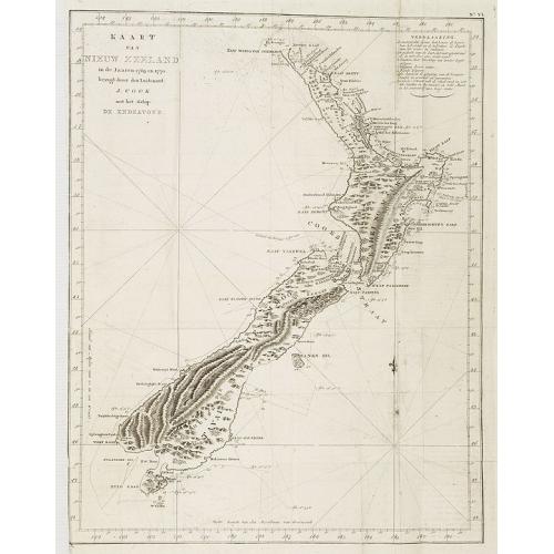 Kaart Van Nieuw Zeeland in de Jaaren 1769 en 1770 bezogt door den Luitenant J. Cook met het Schip De Endeavour.