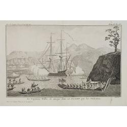 Le Capitaine Wallis est attaqué dans le Dauphin par les Otahitiens. [Tome II Pl. 1ère.]
