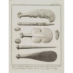 Espève de Massue des Habitants de la Nouvelle Zélande appellées Patous-patous vus de côté du tranchant et du bout. Ils ont de 14 à 18 ouces de long. [Tome III Pl. 15.]