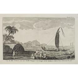 Vue de l'Isle d'Ulietéa avec une double Pirogue et un hangar où les Insulaires retirent leurs bâtiments de mer. [Tome III Pl. 5.]