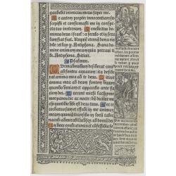 Leaf on vellum from a printed Book of Hours, with the cycle of the 'dance of deaths'.