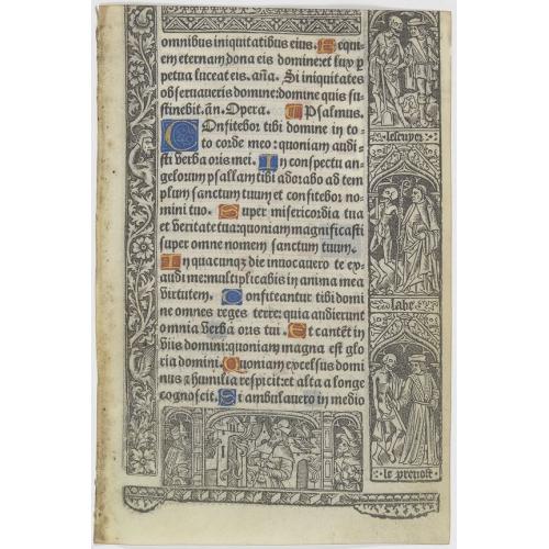 Leaf on vellum from a printed Book of Hours, with the dance of deaths.