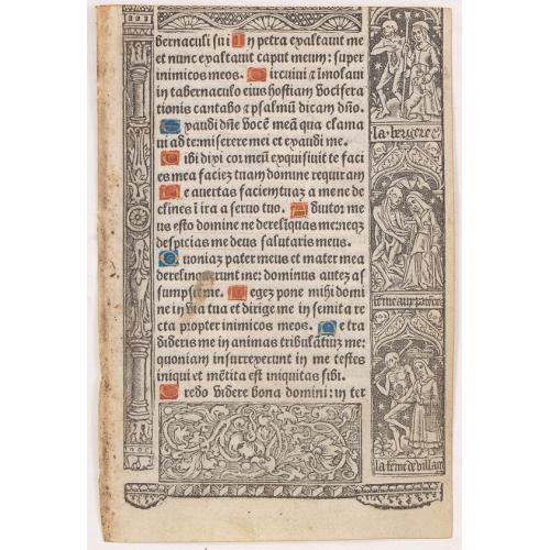 Leaf on vellum from a printed Book of Hours, with the cycle of the dance of deaths.