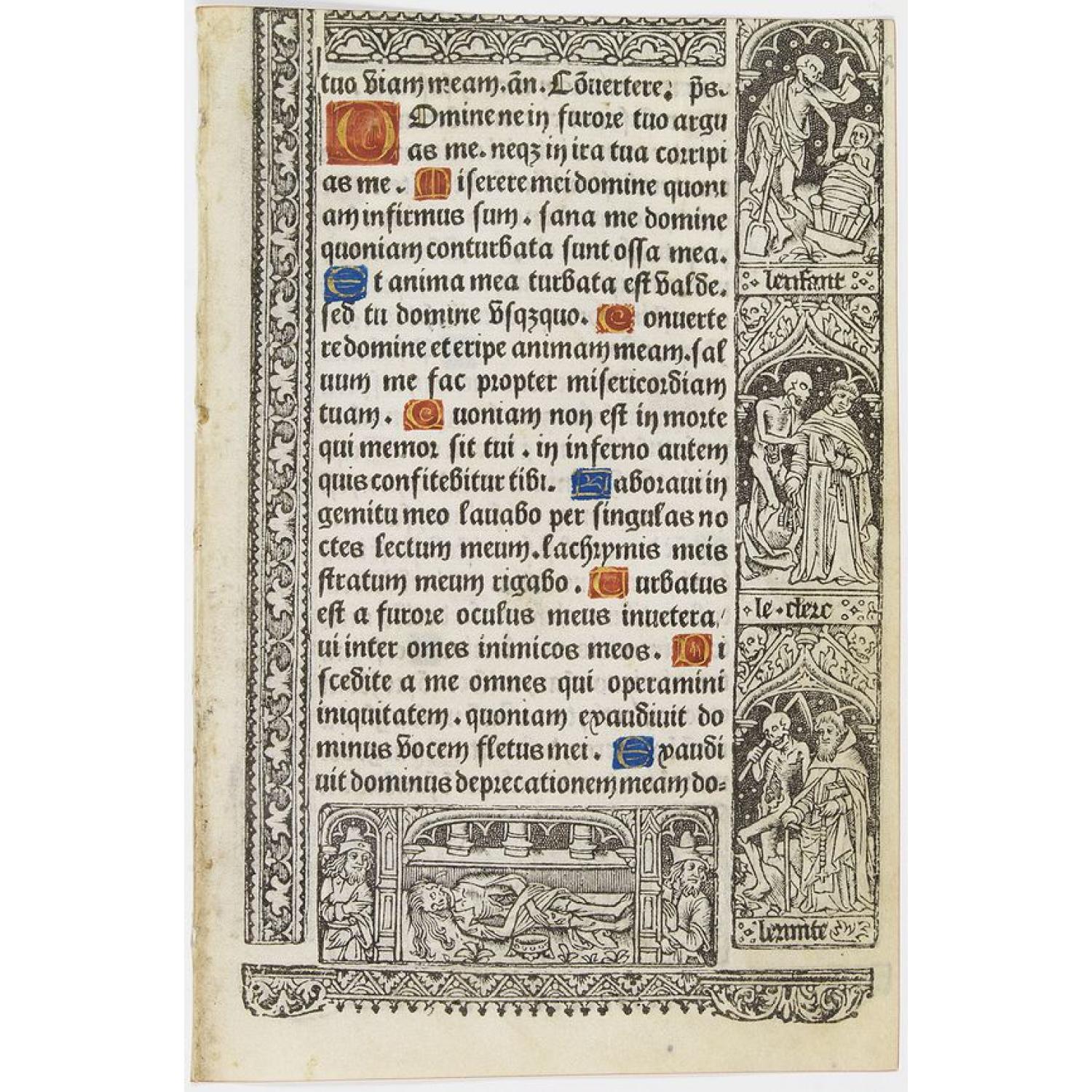 Leaf on vellum from a printed Book of Hours, with the dance of deaths.
