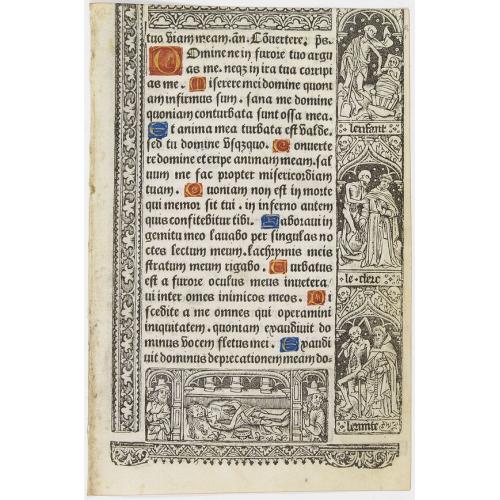 Leaf on vellum from a printed Book of Hours, with the dance of deaths.
