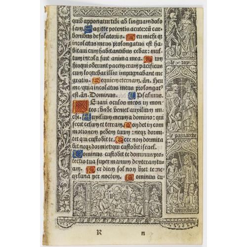 Leaf on vellum from a printed Book of Hours, with the dance of deaths.