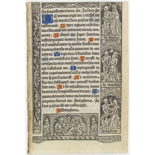 Leaf on vellum from a printed Book of Hours, with the dance of deaths.