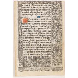 Leaf on vellum from a printed Book of Hours, with the cycle of the dance of deaths.