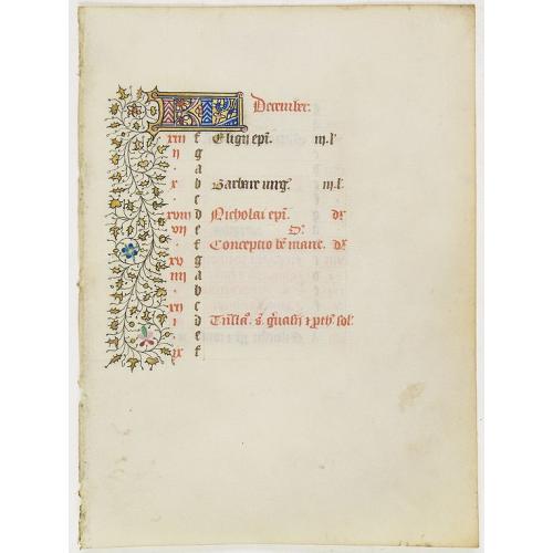 Calendar leaf for December from manuscript leaf from a Book of Hours.