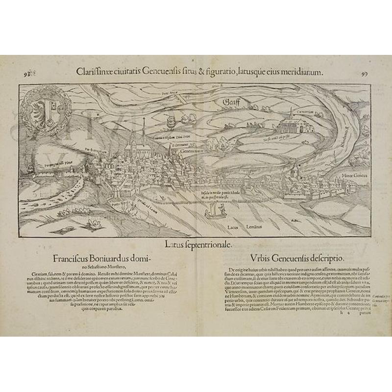 Clarissimae ciuitatis Geneuensis situs & figuratio, latusque eius meridianum.