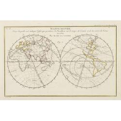 Mappemonde dans laquelle est indique l'effet que produira la parallaxe sur le temps de l'entr'ee et de la sortie de Venus en 1769 / par M. de la Lande.