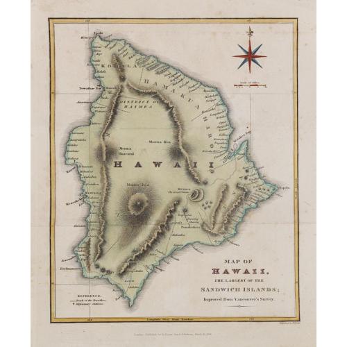 Old map image download for Map of Hawaii, the largest of the Sandwich islands. Improved from Vancouver's Survey.