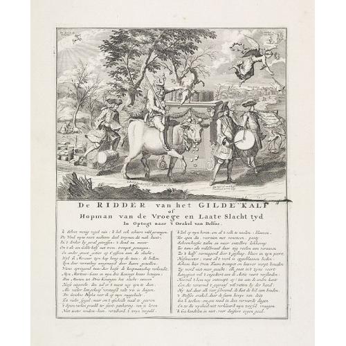 Old map image download for De Ridder van het Gilde Kalf of Hopman van de Vroege en Laate Slacht tyd in Optogt naar ' t Orakel van Delfos. [The chevalier of the Golden Calf, or captain of the early and late time of slaughtering, in procession to the Oracle of Delphos.]