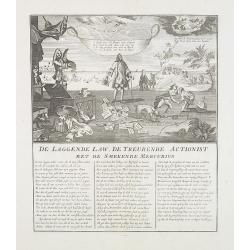 De laggende Law, de treurende actionist met de smekende Mercurius. [Law laughing, the shareholders mourning, and Mercury entreating.]