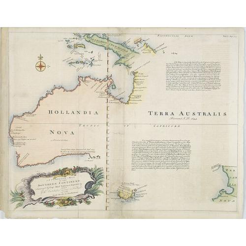 Old map image download for A Complete Map of the Southern Continent Survey'd by Capt. Abel Tasman & depicted by Order of the East Indian Company in Holland In The Stadt House at Amsterdam.