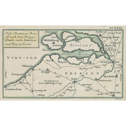 Old map image download for Post-Route von Brüssel nach Gent, Brügge, Ostende, nach Antwerpen und Bergen op Zoom. N°XXIII