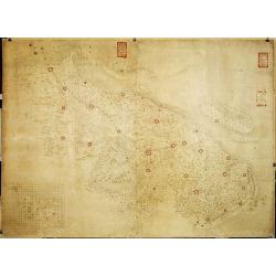 Militairy manuscript map of the end of Yangzi River across Shanghai, Jiangsu, and Zhejiang areas, with 3 red seals of the Ever-Victorious Army.