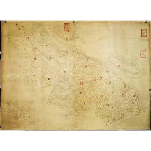 Old map image download for Militairy manuscript map of the end of Yangzi River across Shanghai, Jiangsu, and Zhejiang areas, with 3 red seals of the Ever-Victorious Army.
