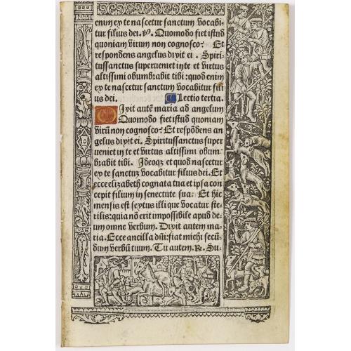 Leaf on vellum from a printed Book of Hours, with hunting scenes.