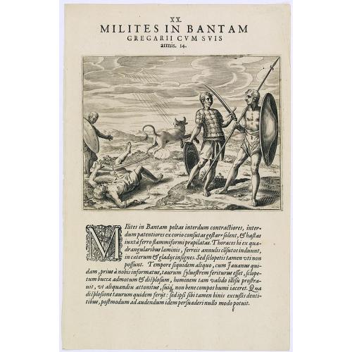 Old map image download for Milites in Bantam Gregarii Gum Suis armis. (Warriors of Bantam)
