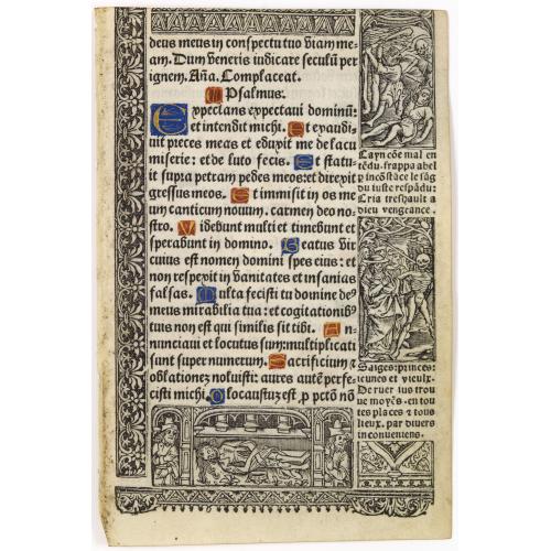 Rare, antique map of  Leaf on vellum from a printed Book of Hours, with the cycle of the dance of deaths.