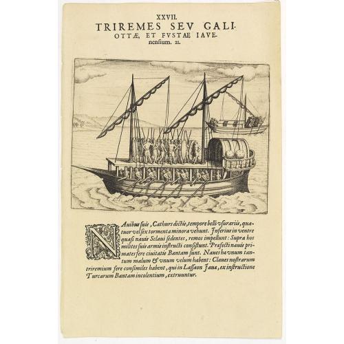 Old map image download for XXVII. Triremes seu Galiottae et Fustae Iavenenfium. 21. ( A typical Javanese man-of-war ship)