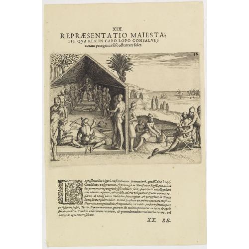 Old map image download for XIX. Repraesentatio Maiestatis, qua rex in Cabo Lopo Gonsalves . . . (How the chief of Cabo Lopo Gonsalues presents himself )