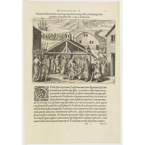 Old map image download for Argumentum I. Primus Lufitanorum cum Sogni praefecto congreffus, eiusdemque Baptismus, de quibus lib. 2 cap 2. fit mentio. (The arrival of the Portuguese in the county Sogno)