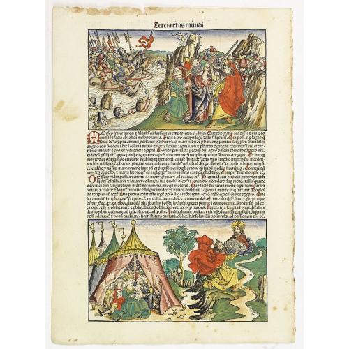 Old map image download for Tercia Etas Mundi. Folium XXX. [The flight of Egypt, Moses receiving the Commandments, God's Angel, Balaam and his talking donkey. ]