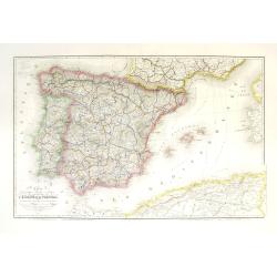 Carte géographique, physique et politique des royaumes d'Espagne et de Portugal indiquant les chemin fer en exploitations, ceux en cours d'éxécutions