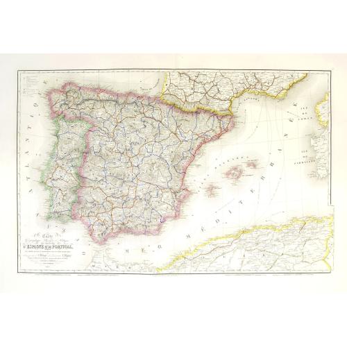 Old map image download for Carte géographique, physique et politique des royaumes d'Espagne et de Portugal indiquant les chemin fer en exploitations, ceux en cours d'éxécutions