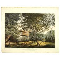 A Toopapaoo of a Chief, with a priest making his offering to the Morai, in Huoheine. [Huaheine - the Society Islands]