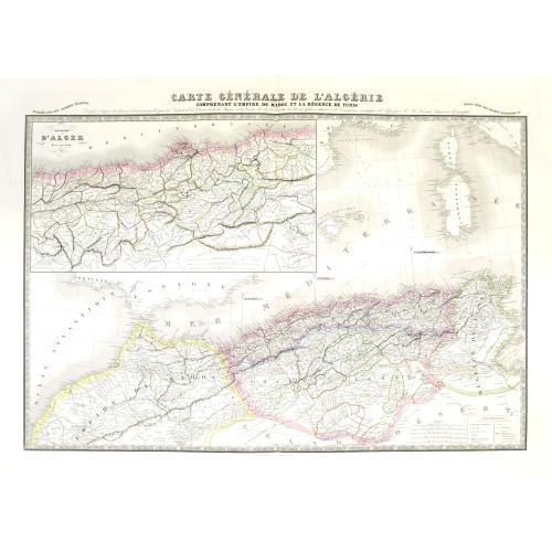 Old map image download for Carte générale de l'Algérie comprenant l'empire de Maroc et la régence de Tunis. Dresée d'après les derniers documents publiés par les Dépots de la Marine. . .