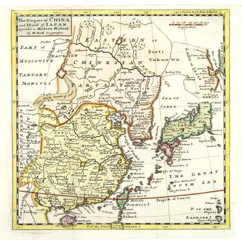 Old map image download for The Empire of China and Island of Japan, Agreeable to Modern History by H.Moll.