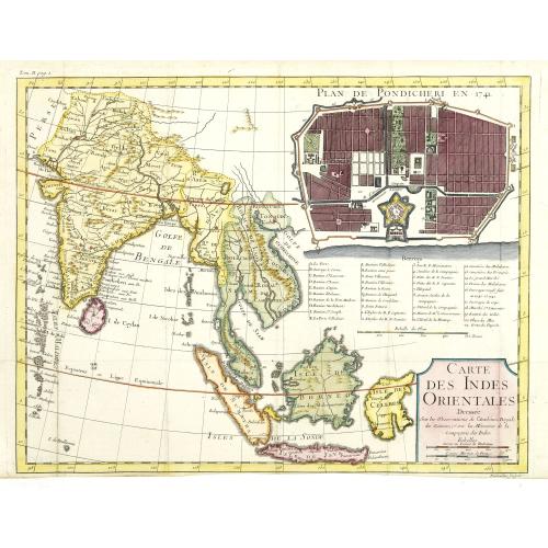Rare, antique map of Carte des Indes orientales dressee sur les observations de l'Academie Royale des Sciences, et sur les memoires de la Compagnie des Indes.