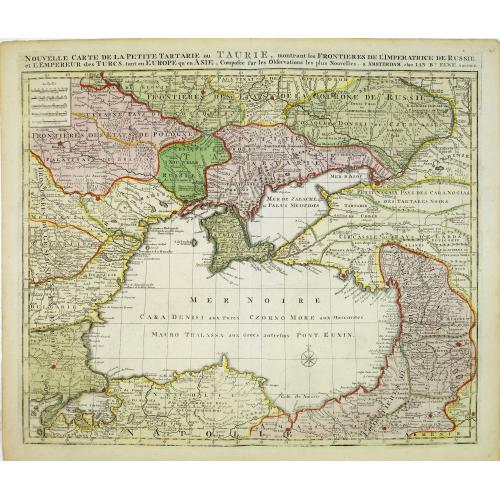 Nouvelle Carte de la Petite Tartarie et la Mer Noire, montrant les Frontieres de l'Impératrice de Russie et de l'Empereur des Turcs, tant en Europe qu'en Asie, Dessigné selon la proposition de G. De L'Isle et d'autres Auteurs.