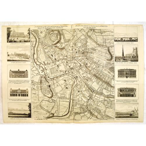 Old map image download for A Survey of the City and Suburbs of Bristol Survey'd by John Rocque Land Surveyor at Charing Cross, 1750 / Plan de la Ville et Faubourgs de Bristol Leve par Jean Rocque a Charing Cross a Londres 1750